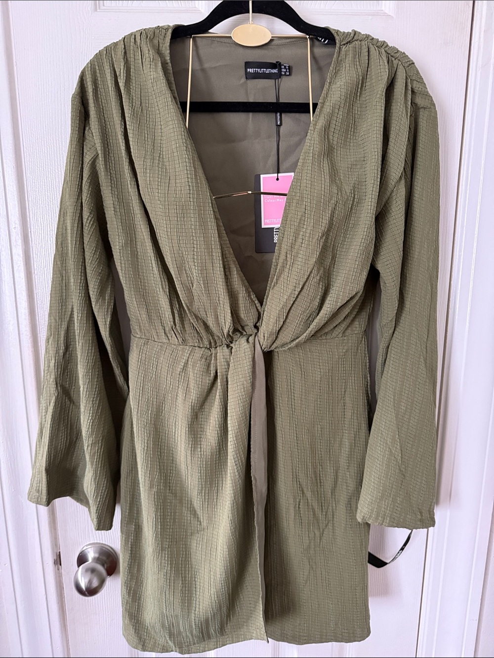 PrettyLittleThing Olive Wrap Front Long Sleeve Mini Dress #657
